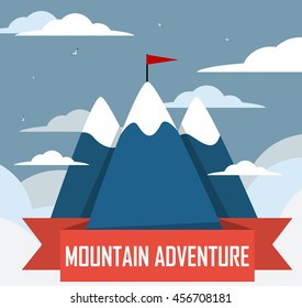 Tourist flat illustration with clouds and flag on the mountain peak. Concept of overcoming difficulties, goal achievement, strategy for winners and focusing on results. Vector