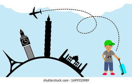 Tourist flat vector icon wearing hat standing and hanging camera on his neck holding traveling bag isolated on blue background with silhouette of tourist landmark buildings and airplane flying over