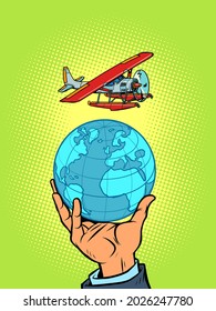 Tourist flight on a seaplane. Recreation and travel on the sea and ocean