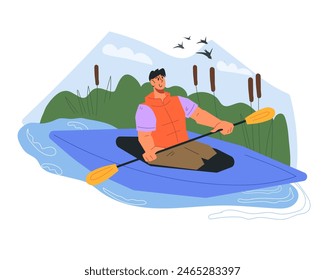 A tourist floating in a kayak or canoe on the river. Summer tourist holidays and water sports concept, cartoon flat vector illustration isolated on white background.