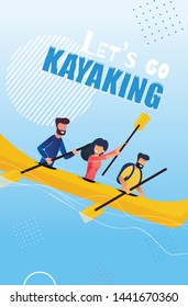 Tourist Flyer is Written Lets Go Kayaking Cartoon. People Do Rodeo on Rough Water. Sport School Extreme Alloy and Freestyle on Rough Water. Adventure Kayaker. Flat Vector Illustration.