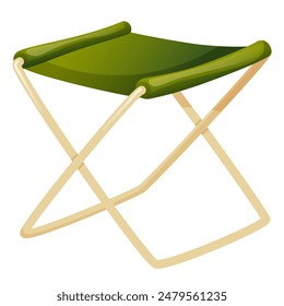 Tourist folding chair green. Tourist equipment, travel attribute. Folding camp chair, for outdoor recreation, camping, travel. Cartoon illustration of a folding chair on a white background