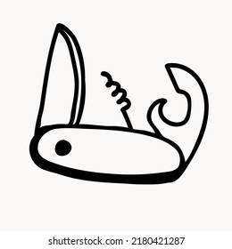 Tourist Folding Knife. Hand drawn vector illustration. Element for greeting cards, posters, stickers and seasonal design. Isolated on white background.