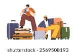 Tourist friends checking passports, travel documents, reviewing tickets. Passengers with baggage, luggage, suitcase bags, before flight departure. Flat vector illustration isolated on white background