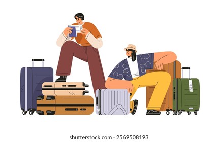 Tourist friends checking passports, travel documents, reviewing tickets. Passengers with baggage, luggage, suitcase bags, before flight departure. Flat vector illustration isolated on white background