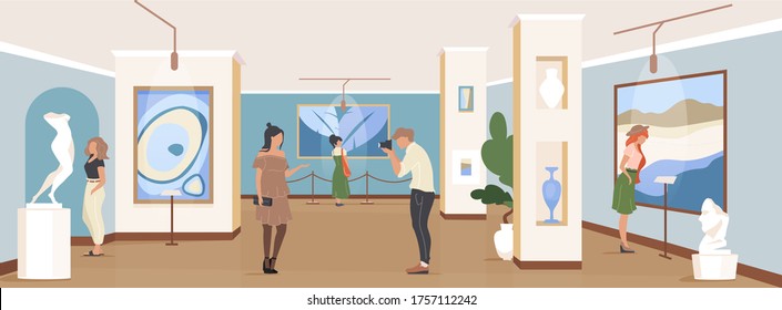 Tourist at gallery exposition flat color vector illustration. Contemporary masterpiece showcase. People in museum. Art gallery visitors 2D cartoon characters with artwork installation on background