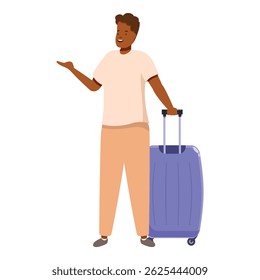 Tourist gesturing and showing something while holding a suitcase