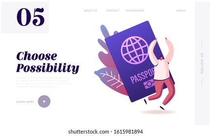 Tourist Get Visa and Passport for Traveling Abroad Website Landing Page. Happy Cheerful Man Rejoice with Hands Up, Immigrant Get Country Citizenship Web Page Banner. Cartoon Flat Vector Illustration