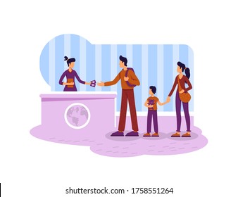 Tourist getting visa 2D vector web banner, poster. Parents and child at migration control flat characters on cartoon background. Family legal emigration printable patch, colorful web element