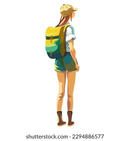 tourist. a girl with a backpack in tourist clothes. rear view. the woman is a tourist. vector illustration