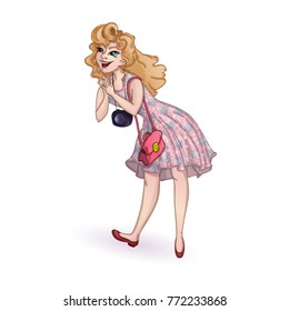 A tourist girl with a camera and a red handbag, dressed in a pink dress with a beautiful pattern, is surprised and admires what she sees. Vector illustration of a character in a cartoon style.