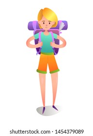 Tourist girl character with a backpack. Element for print, poster, game, flyer, site design or other design project. Vector illustration.
