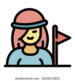 Tourist girl and flag icon. Outline tourist girl and flag vector icon color flat isolated