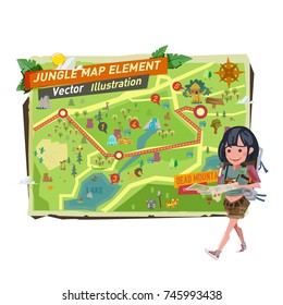 tourist girl with jungle map elements. tourist girl character walk and holding jungle map - vector illustration