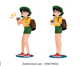 Tourist girl likes to take pictures. characters shooting photo with different devices