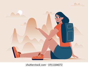 Tourist girl looking on the mountain. Young and strong confident woman sitting and points her hand into the distance. Flat vector illustration.