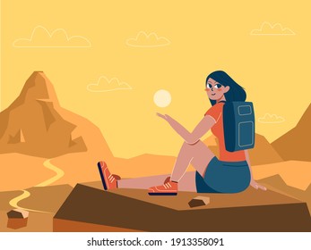 Tourist girl looking on the mountain. Young and strong confident woman sitting. Female character with the sun in his hands. Vector illustration.