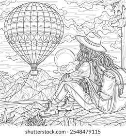 A tourist girl looks at a hot air balloon.Coloring book antistress for children and adults. Illustration isolated on white background.Zen-tangle style. Hand draw