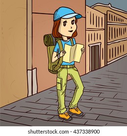 Tourist girl with map. Hand drawn cartoon vector illustration.