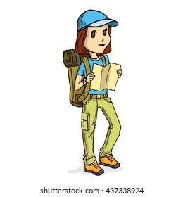 Tourist girl with map. Hand drawn cartoon vector illustration.