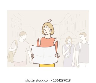 Tourist girl with map in hands on the street searching way. Hand drawn style vector design illustrations.