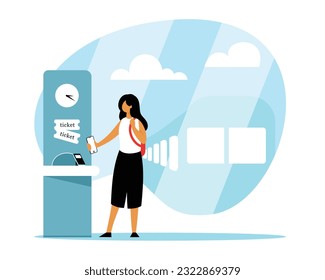 Tourist girl pays with cell phone for train ticket at self service ticket counter. Cartoon character paying for service using smartphone. Process of cashless payment. Vector