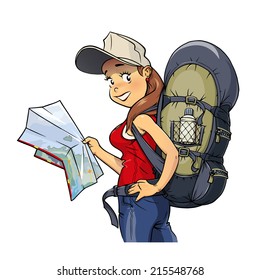 Tourist girl with rucksack and map. Eps10 vector illustration. Isolated on white background
