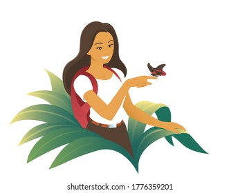 The tourist girl saw an exotic butterfly among tropical thickets. Vector isolated illustration about nature and travel.