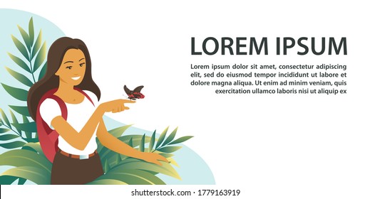 The tourist girl saw an exotic butterfly among tropical thickets. Banner with place for text. Vector isolated illustration about nature and travel.