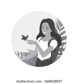 The tourist girl saw an exotic butterfly among tropical thickets. Vector black and white illustration.