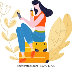 Tourist girl sitting on baggage in airportmaking selphie before traveling, journey flat vector illustration. Summer vacation, young woman, luggage suitcases at the airport isolated on white.