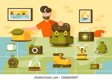 Tourist going hiking vector illustration. Young bearded man standing near country map. Boy putting various important trip equipment in camping backpack flat style design. Travelling concept