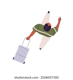 Tourist going to travel with suitcase on wheels top view. Seen from above person pulls baggage. Overhead of man carrying vacation trip luggage. Flat isolated vector illustration on white background