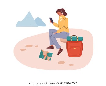 Tourist got lost. Girl sitting on rock and looking at her phone. There is backpack nearby and map lying around. Girl with casual comfortable clothes. Outdoor Vector illustration isolated on white