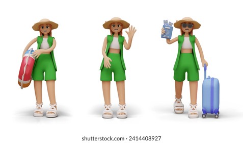 Turista con ropa verde y sombrero de sol. Carácter vectorial femenino en diferentes poses y con accesorios. Plantillas 3D para diseño creativo de aplicaciones de viajes y sitios web