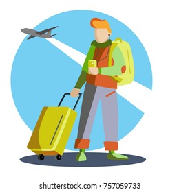 A tourist in a green jacket, backpack and tourist bag. The concept of tourism. Vector illustration.