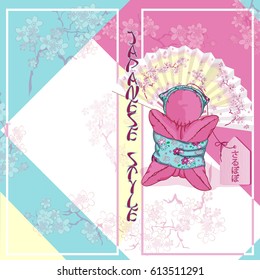Tourist, greeting or souvenir card in the Japanese style with a national rag amulet of sarubobo and an open fan. The inscription in Japanese means sarubobo. A frame for text. Vector illustration.