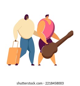 Tourist group in airport with baggage and guitar flat vector illustration. Happy travelers walking to music tour. Travel and journey concept