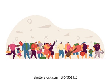 Tourist group in airport queue with baggage flat vector illustration. Cartoon happy travelers walking during trip with suitcases and bags. Travel and journey concept