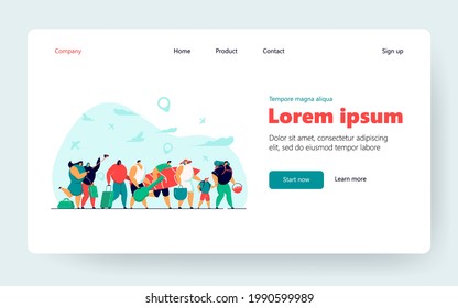 Tourist group in airport queue with baggage flat vector illustration. Cartoon happy travelers walking during trip with suitcases and bags. Travel and journey concept