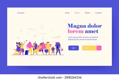 Tourist group in airport queue with baggage flat vector illustration. Cartoon happy travelers walking during trip with suitcases and bags. Travel and journey concept