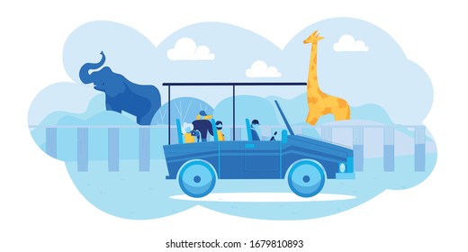 Tourist Group with Camera Driving Car and Shooting Animals at Open Air Zoo. National Park Reservation with Wild Exotic Elephant and Giraffe Standing behind Fence. Vector Flat Cartoon Illustration