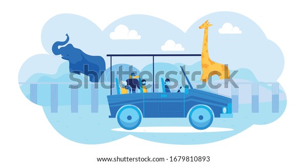 Tourist Group with Camera Driving Car and\
Shooting Animals at Open Air Zoo. National Park Reservation with\
Wild Exotic Elephant and Giraffe Standing behind Fence. Vector Flat\
Cartoon Illustration