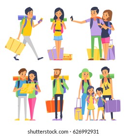 Tourist group of happy people goes to vacation. Couple or family with kids in traveling. Vector illustration. People together on vacation with backpack