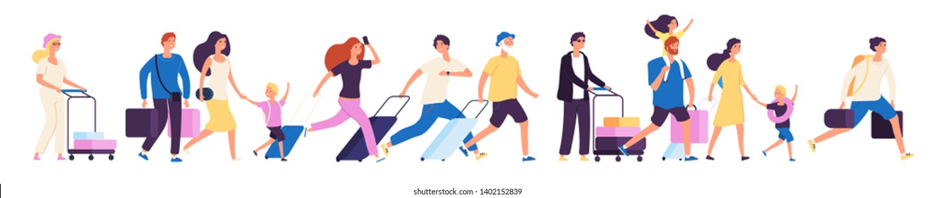 Tourist group. Happy tourists with suitcases walking together in airport, family traveler journey vector isolated illustration