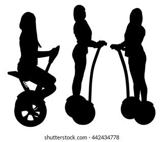 Tourist group having guided segway city tour vector silhouette illustration.