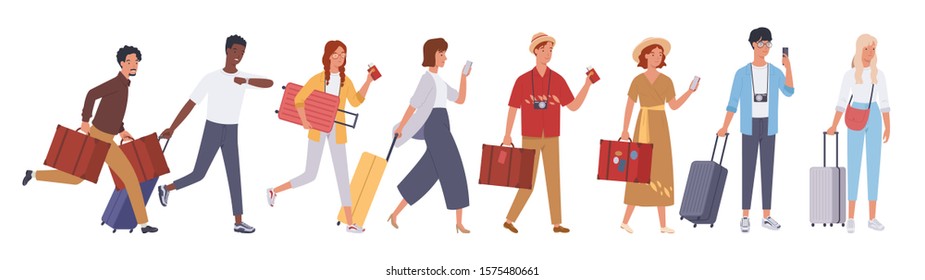 Tourist groups walking with luggage. Vector illustration in a flat style