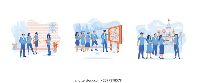 Tourist Guide concept. The female tour guide gave an explanation. Listen to the tour guide's explanation. Young tourists go on a tourist trip. Set Trend Modern vector flat illustration