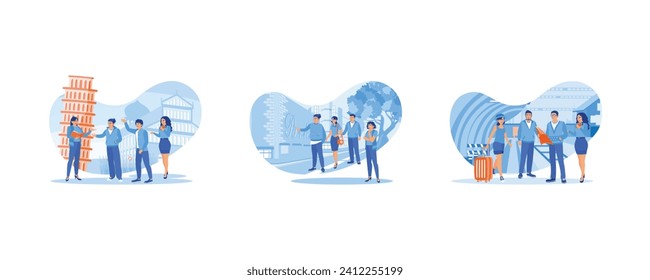 Tourist Guide concept. A group of tourists in Pisa, Italy. Graffiti tour guide. Together on the train station platform. set flat vector modern illustration 