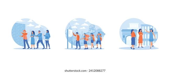 Tourist Guide concept. The tour guide explains the history of a building. Tourists gather around the tour guide. Tourists go on tour. set flat vector modern illustration 